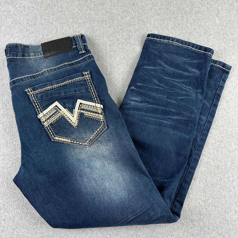 True Luck Jeans Mens 34x30 Blue Denim Straight Leg Whiskered Faded Contrast